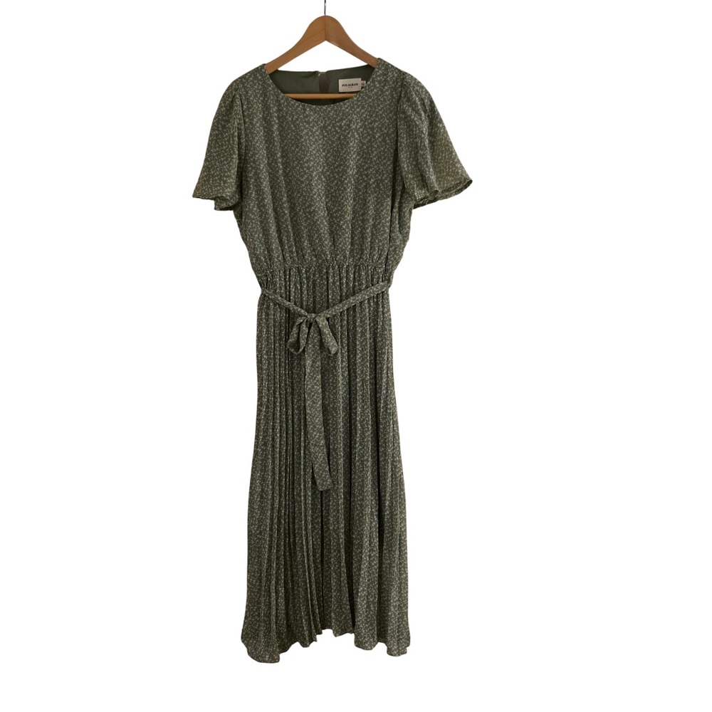 Polagram Sage Green Floral Pleated Midi Dress Short Sleeve PSD3505 L - Picture 1 of 7